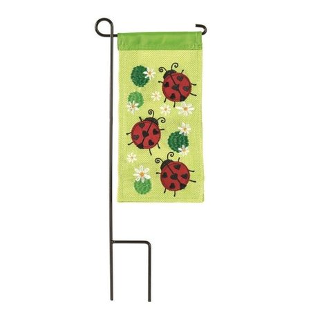 DICKSONS Dicksons M040073 4 x 8.5 in. Flag Double Applique Ladybugs Burlap Mini Flag With Pole M040073